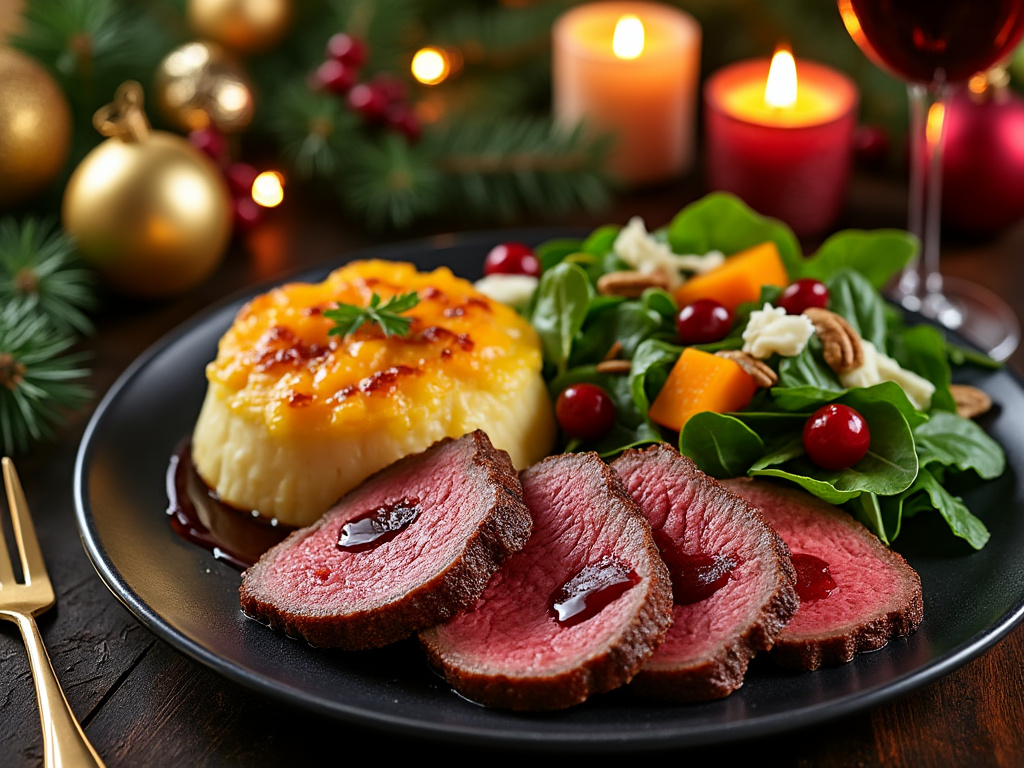 Rosbief met balsamicosaus, gratin dauphinois en slaatje met geroosterde groenten