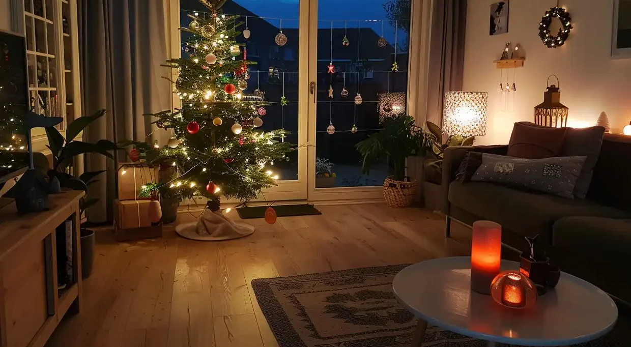 Versierde kerstboom in typische Nederlandse woonkamer