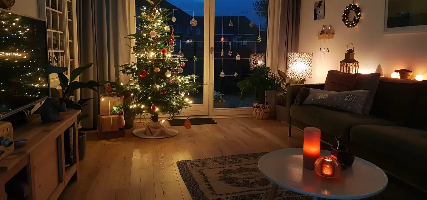 Versierde kerstboom in typische Nederlandse woonkamer