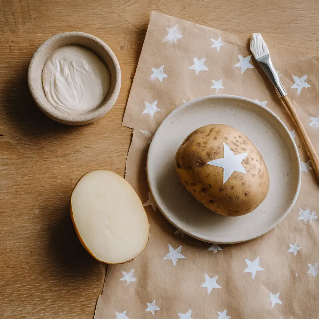 Een halve aardappel met een sterrenvorm ernaast gestempeld op bruin kraftpapier in witte verf