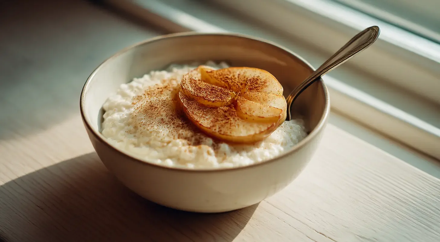 Een lichte keramische kom gevuld met romige julgröt bovenop plakjes gebakken appel en een bestrooid laagje kaneel een lepel steekt uit de pap