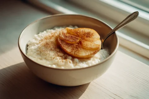 Een lichte keramische kom gevuld met romige julgröt bovenop plakjes gebakken appel en een bestrooid laagje kaneel een lepel steekt uit de pap