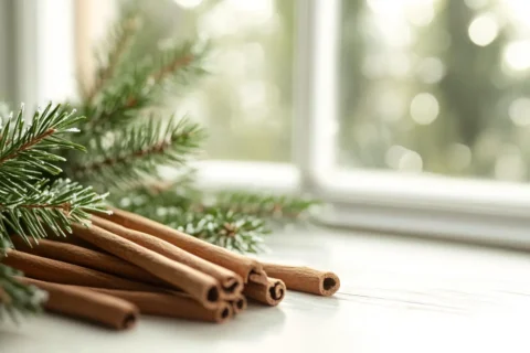 Kaneelstokjes en verse dennennaalden op een houten tafel bij zacht winterlicht