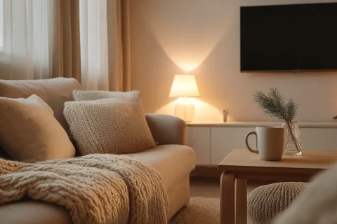 Rustige woonkamer in zacht avondlicht met een plaid over de bank een mok op een bijzettafel en een televisie die zacht blauw oplicht op de achtergrond