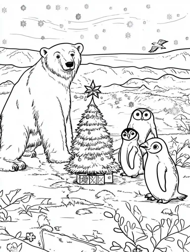 Kleurplaat van een ijsbeer met pinguïns rond een kerstboom in een besneeuwd poollandschap
