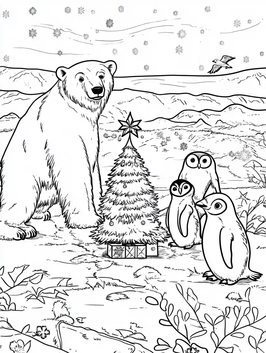 Kleurplaat van een ijsbeer met pinguïns rond een kerstboom in een besneeuwd poollandschap
