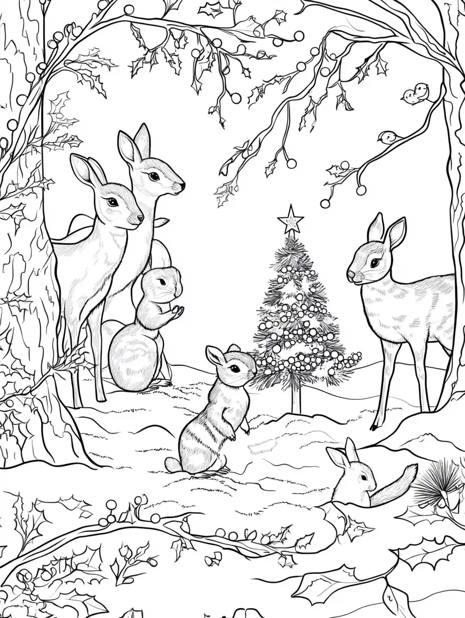 Kleurplaat van bosdieren rond een kerstboom in een winterbos met hulsttakken en vogeltjes