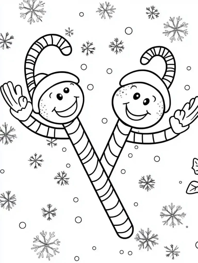 Kleurplaat van twee vrolijke zuurstokken met gezichtjes en zwaaiende handjes tussen de sneeuwvlokken