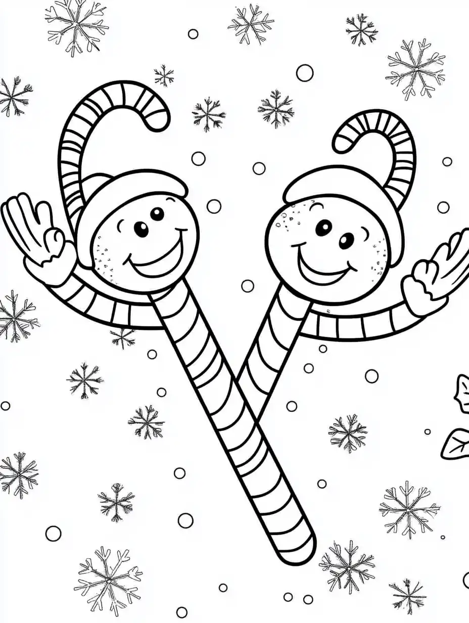 Kleurplaat van twee vrolijke zuurstokken met gezichtjes en zwaaiende handjes tussen de sneeuwvlokken