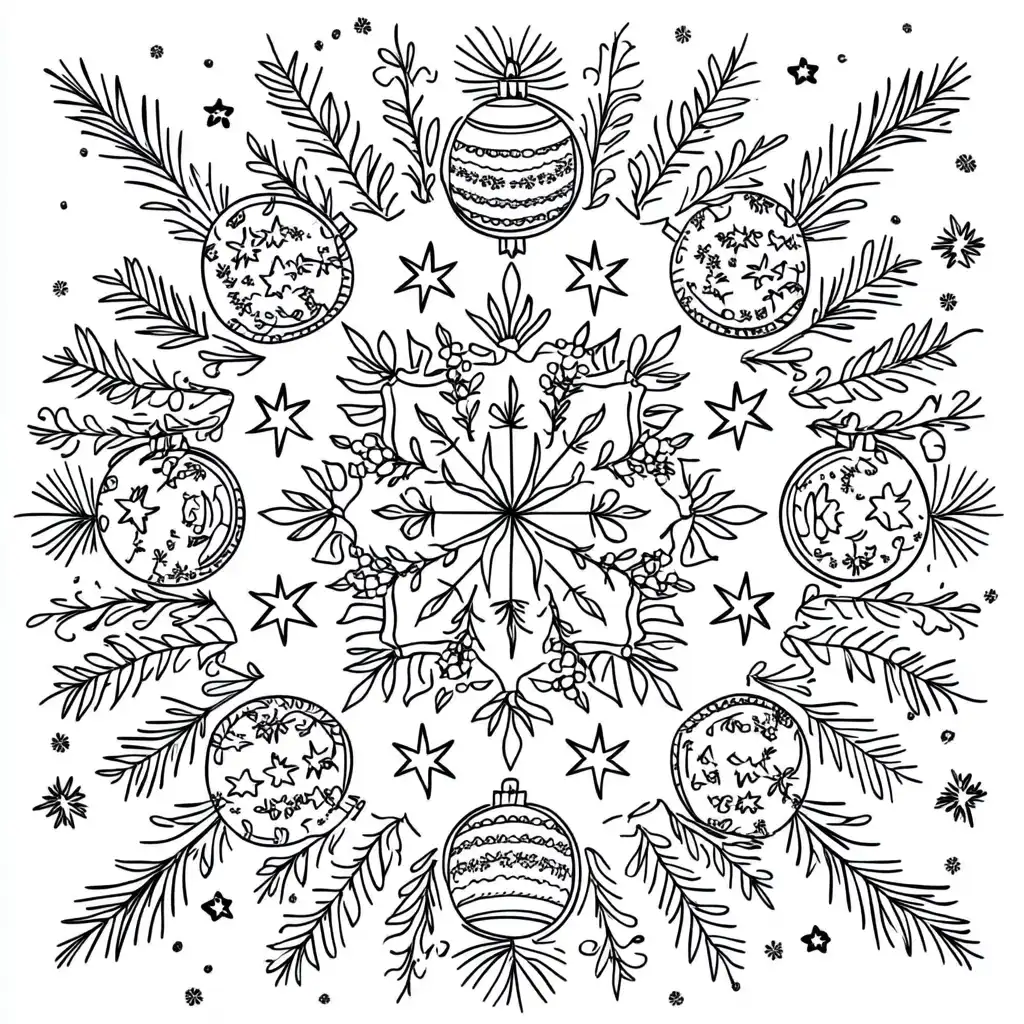 Kleurplaat van een kerstmandala met dennentakken kerstballen sterren en sneeuwvlokken in symmetrisch patroon
