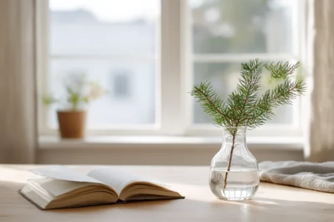Licht Scandinavisch interieur op een lentedag met een open boek op tafel en een klein dennentakje in een glazen vaas