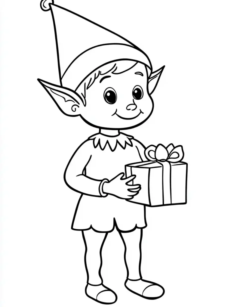 Kleurplaat van een vriendelijke kerstelf met puntmuts en spitse oren die een cadeau met strik vasthoudt