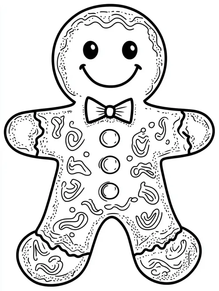 Kleurplaat van een vrolijk peperkoekmannetje met strikje knoopjes en sierlijke glazuur versieringen
