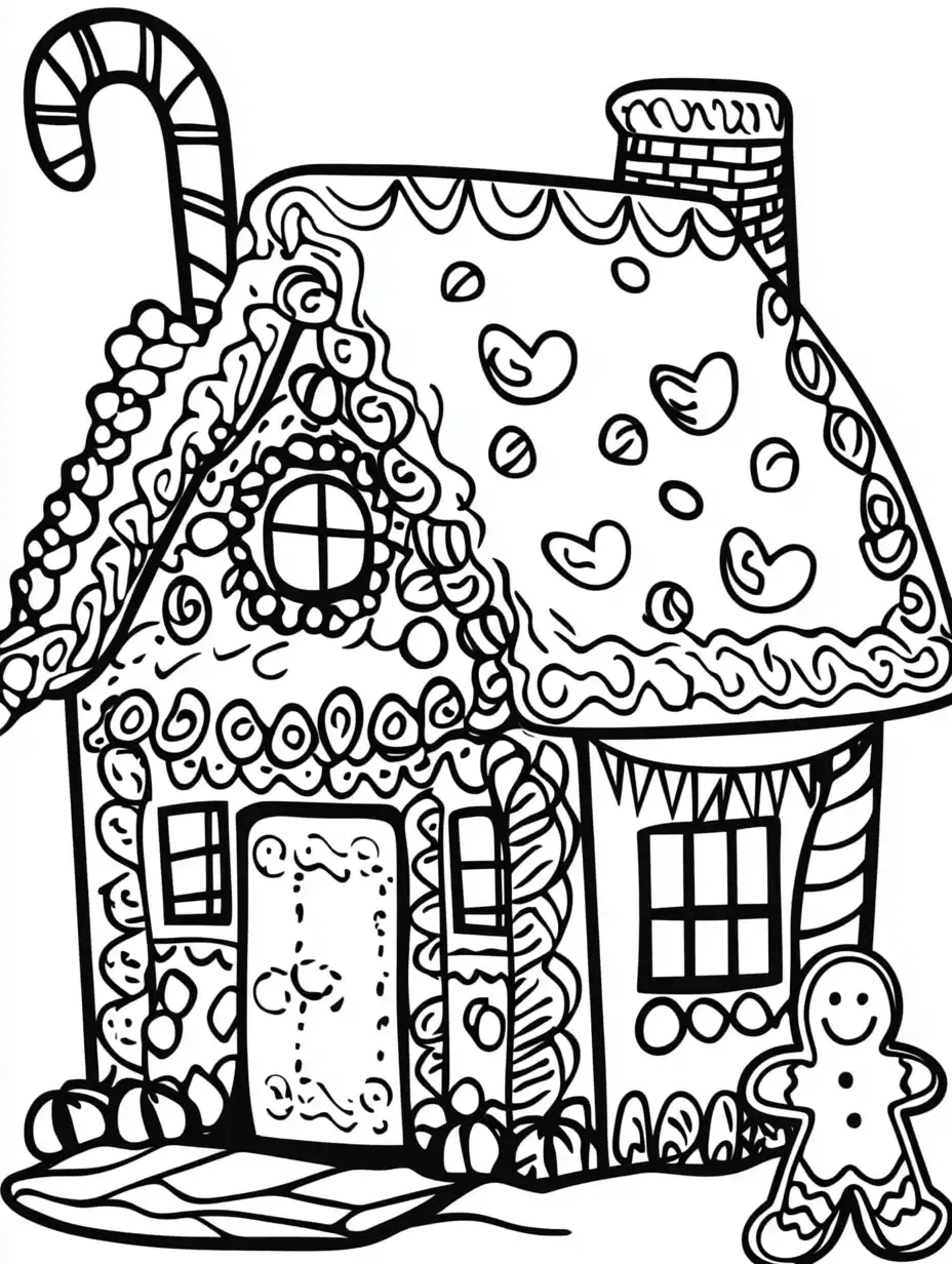 Kleurplaat van een gedetailleerd peperkoekhuisje met snoepversieringen zuurstok en klein gingerbread mannetje ernaast