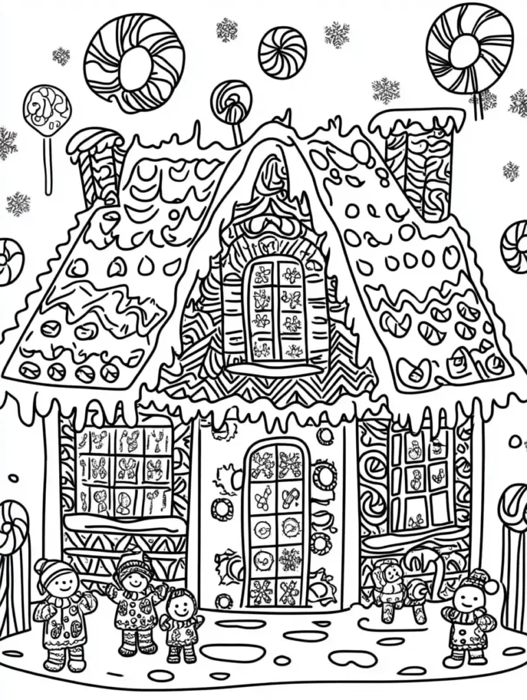 Kleurplaat van een groot peperkoekhuis met snoepjes lollys en gingerbread mannetjes voor de deur