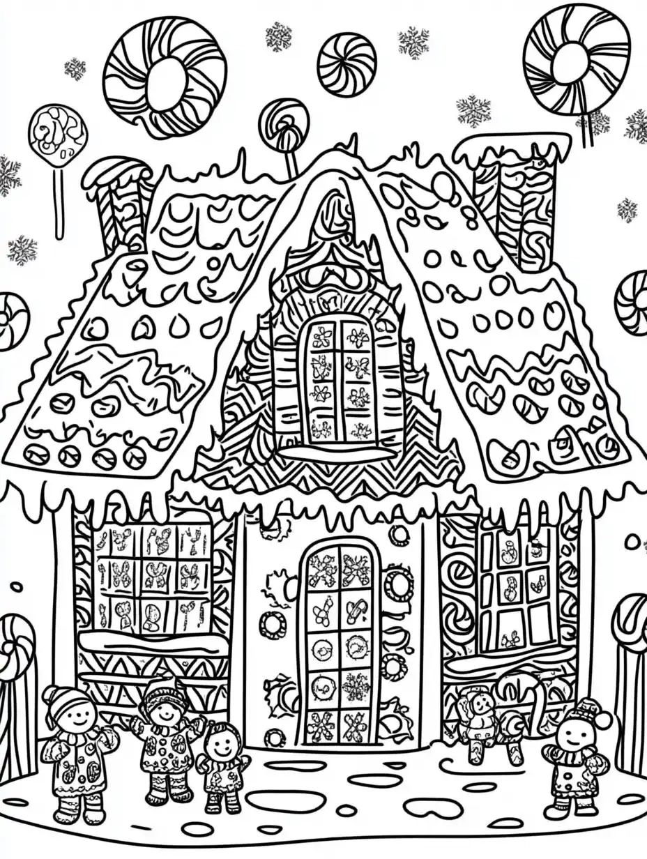 Kleurplaat van een groot peperkoekhuis met snoepjes lollys en gingerbread mannetjes voor de deur