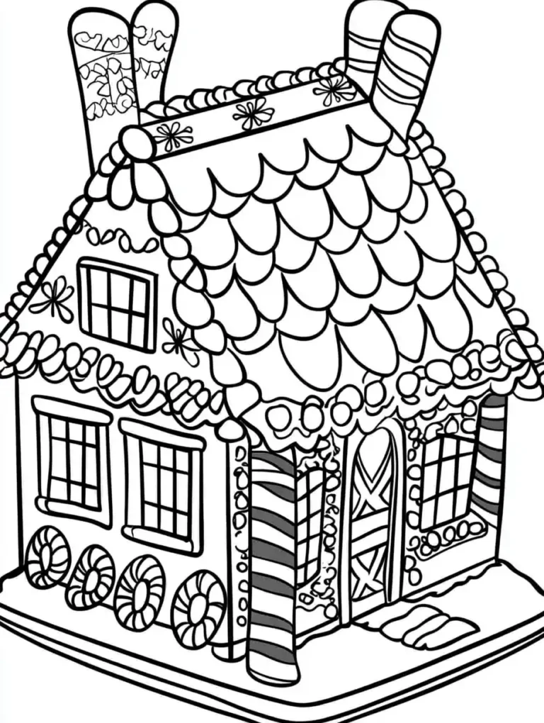 Kleurplaat van een groot peperkoekhuis met dakpannen van snoepjes zuurstokpilaren en pepermuntsnoepjes