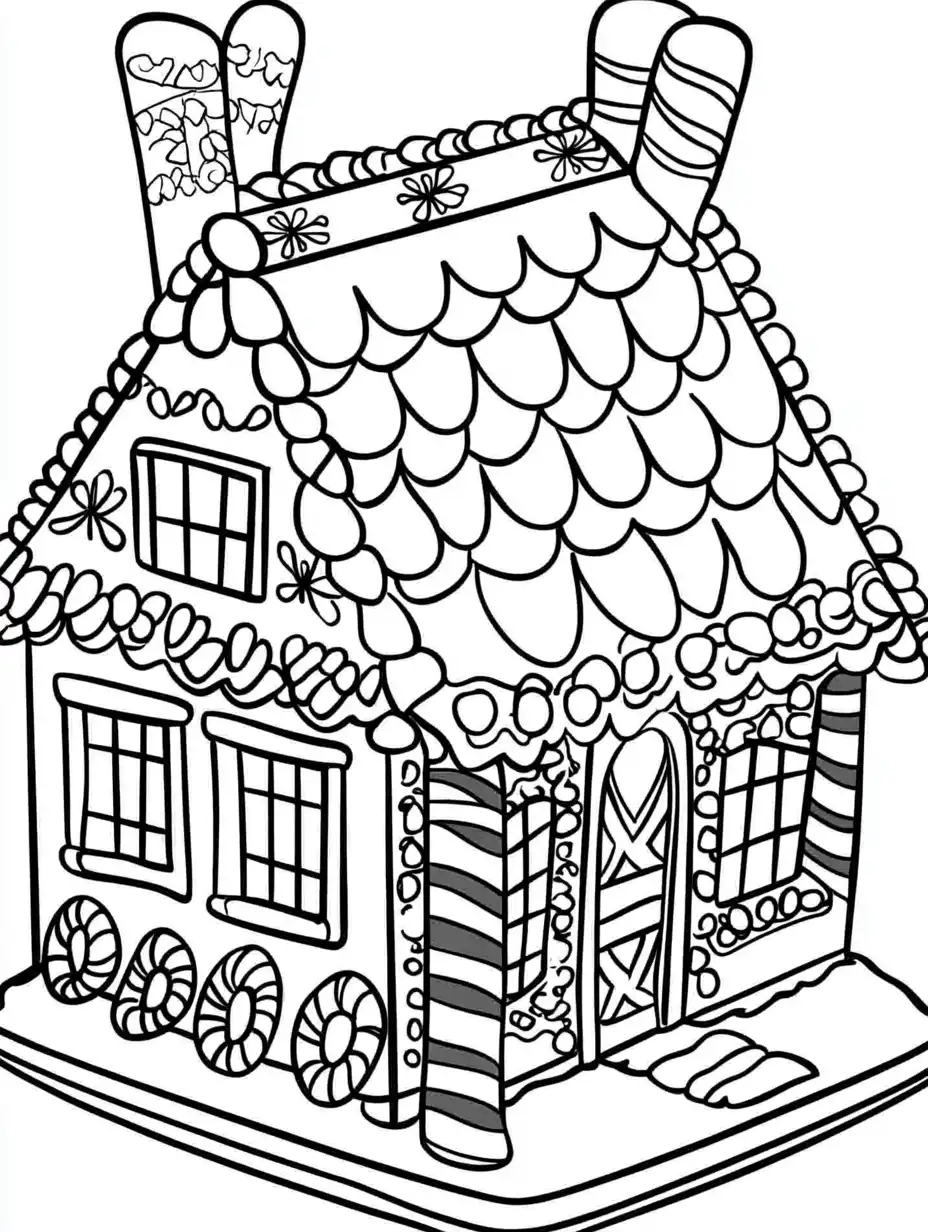 Kleurplaat van een groot peperkoekhuis met dakpannen van snoepjes zuurstokpilaren en pepermuntsnoepjes