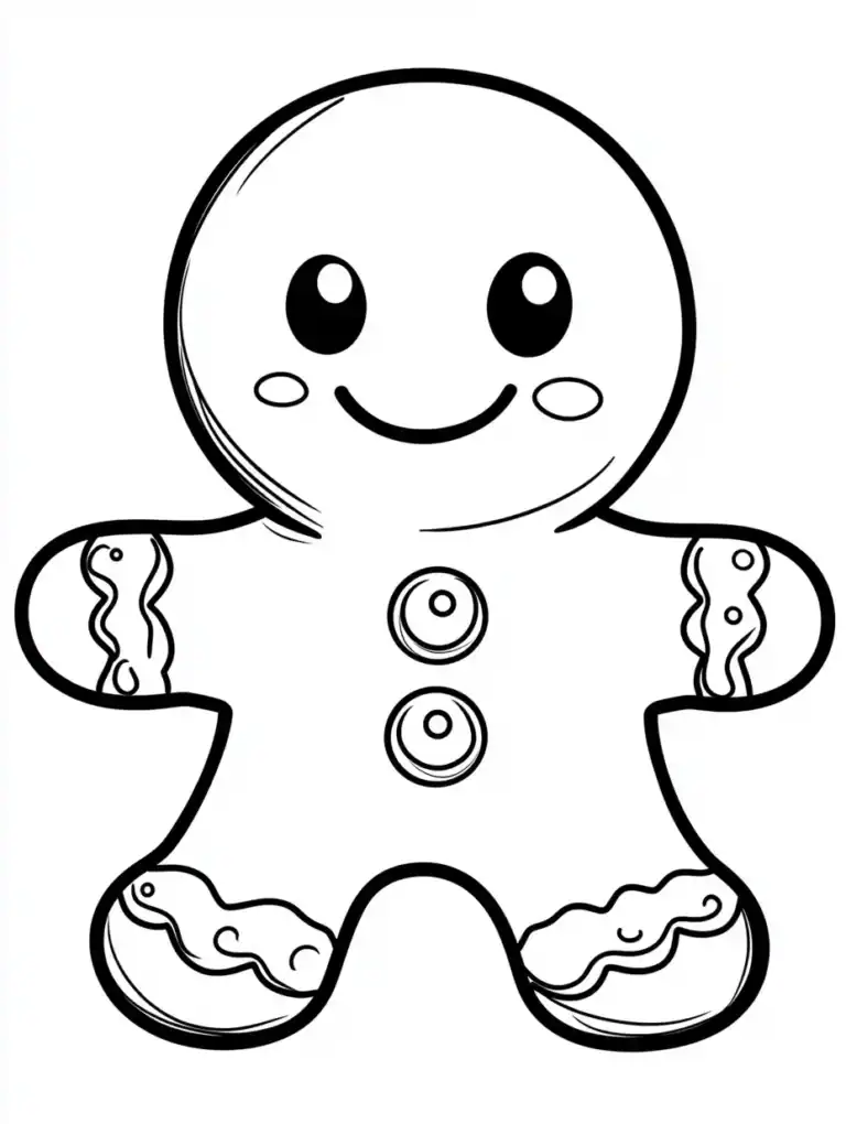Kleurplaat van een vrolijk gingerbread mannetje met grote ogen knoopjes en glazuur versiering
