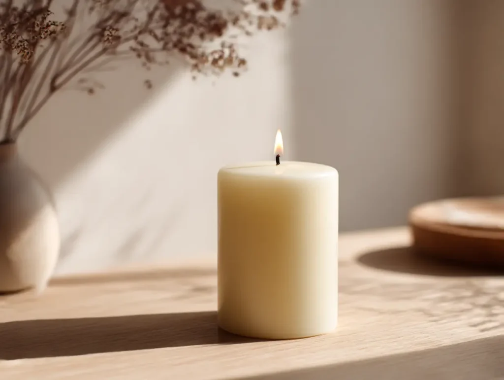 Een enkele brandende witte kaars op een houten tafel in zacht daglicht