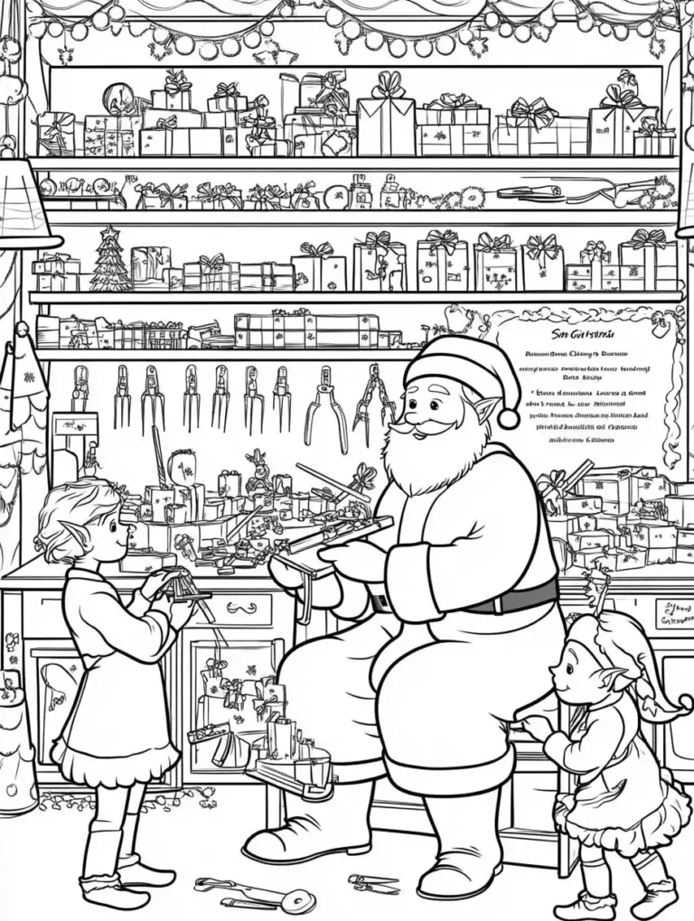 Kleurplaat van de kerstman in zijn werkplaats met twee elfjes die helpen bij het maken van cadeaus