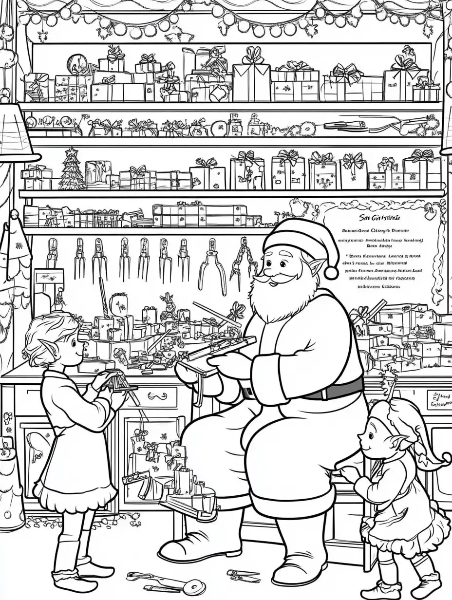 Kleurplaat van de kerstman in zijn werkplaats met twee elfjes die helpen bij het maken van cadeaus