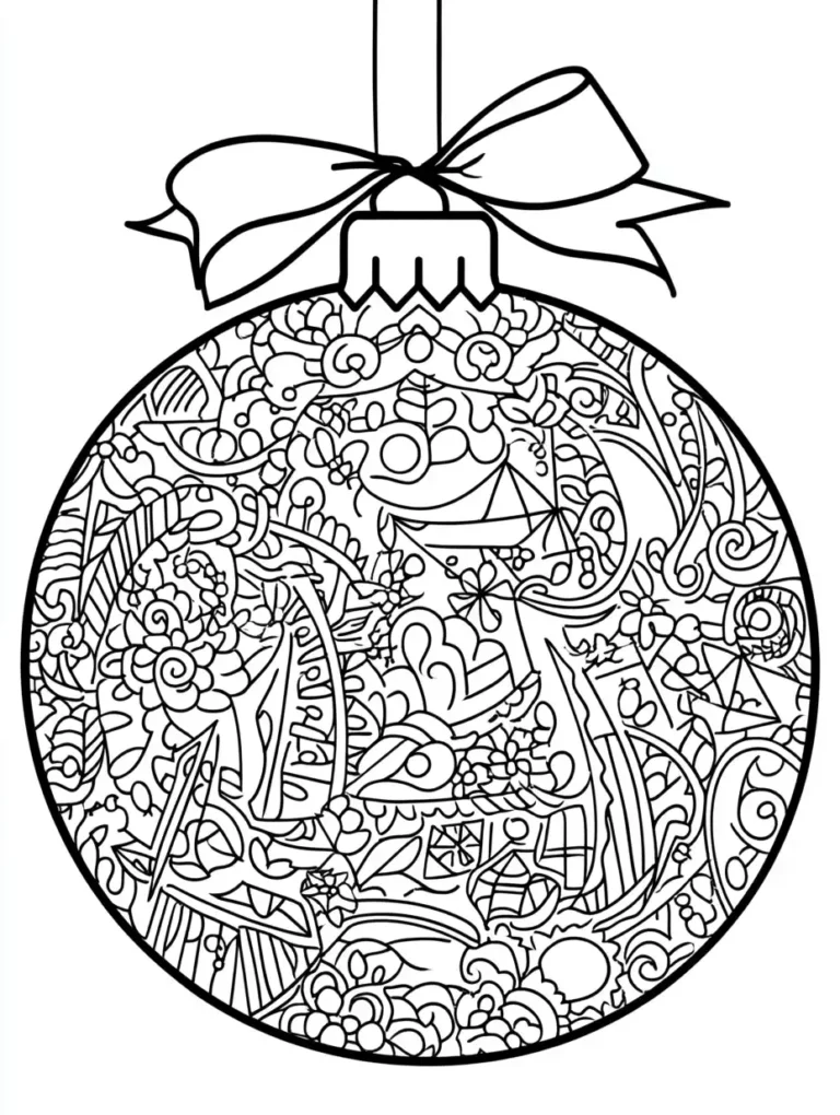 Kleurplaat van een kerstbal met strik gevuld met fijne zentangle patronen bloemen en swirls