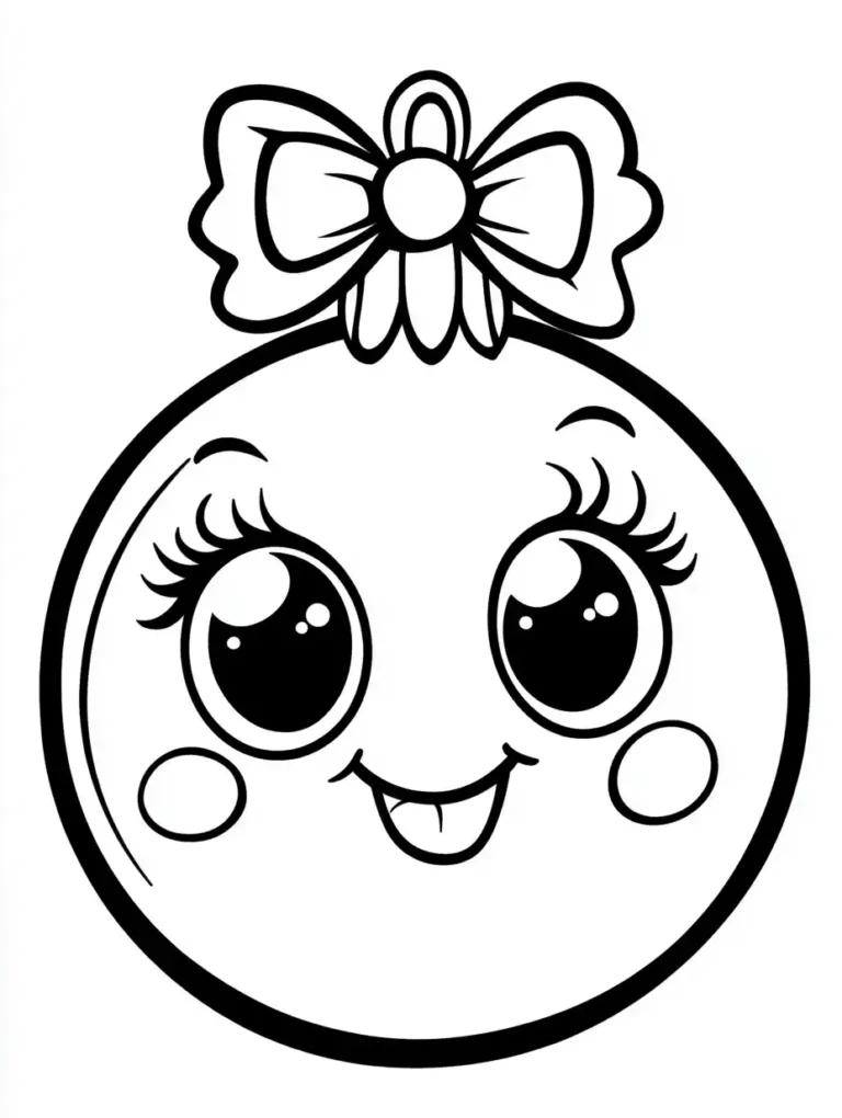 Kleurplaat van een schattige kerstbal met grote ogen blosjes en een strik in kawaii stijl