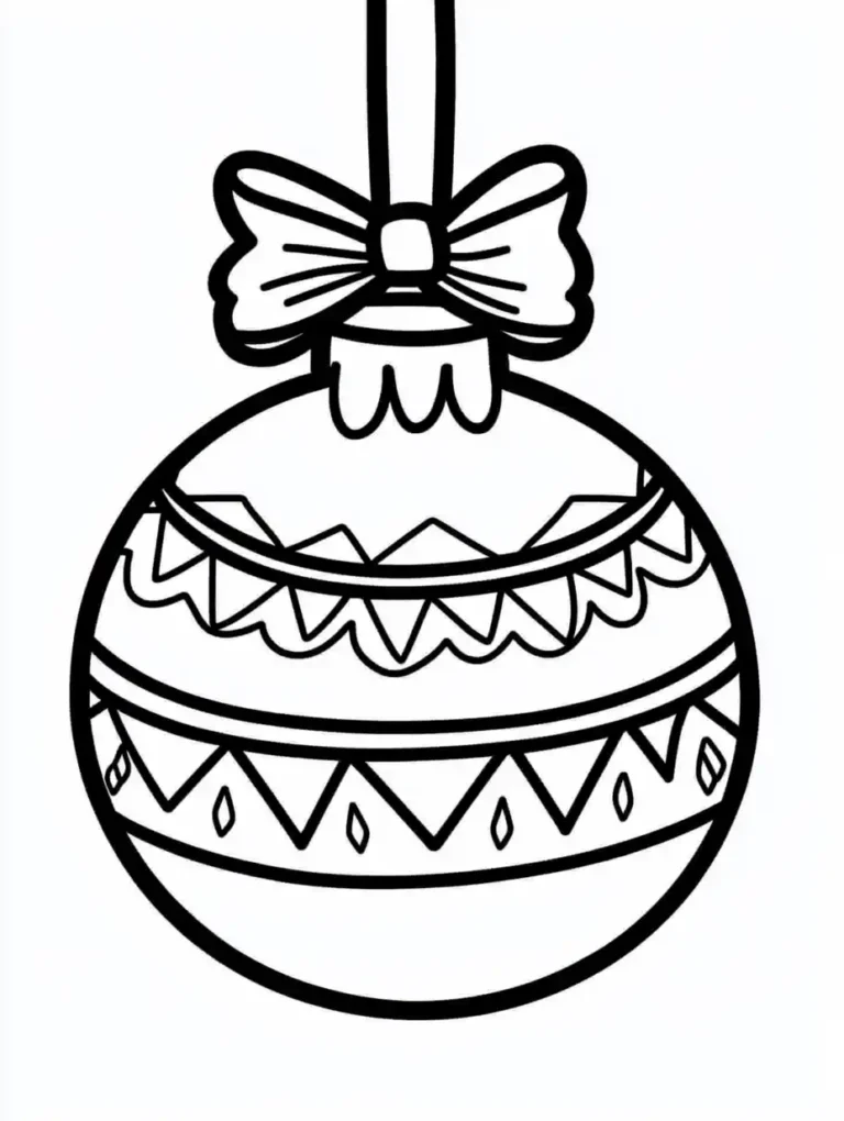 Kleurplaat van een sierlijke kerstbal met grote strik en geometrische zigzagpatronen