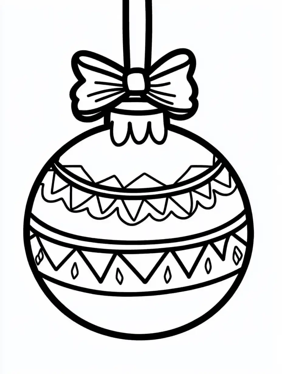 Kleurplaat van een sierlijke kerstbal met grote strik en geometrische zigzagpatronen