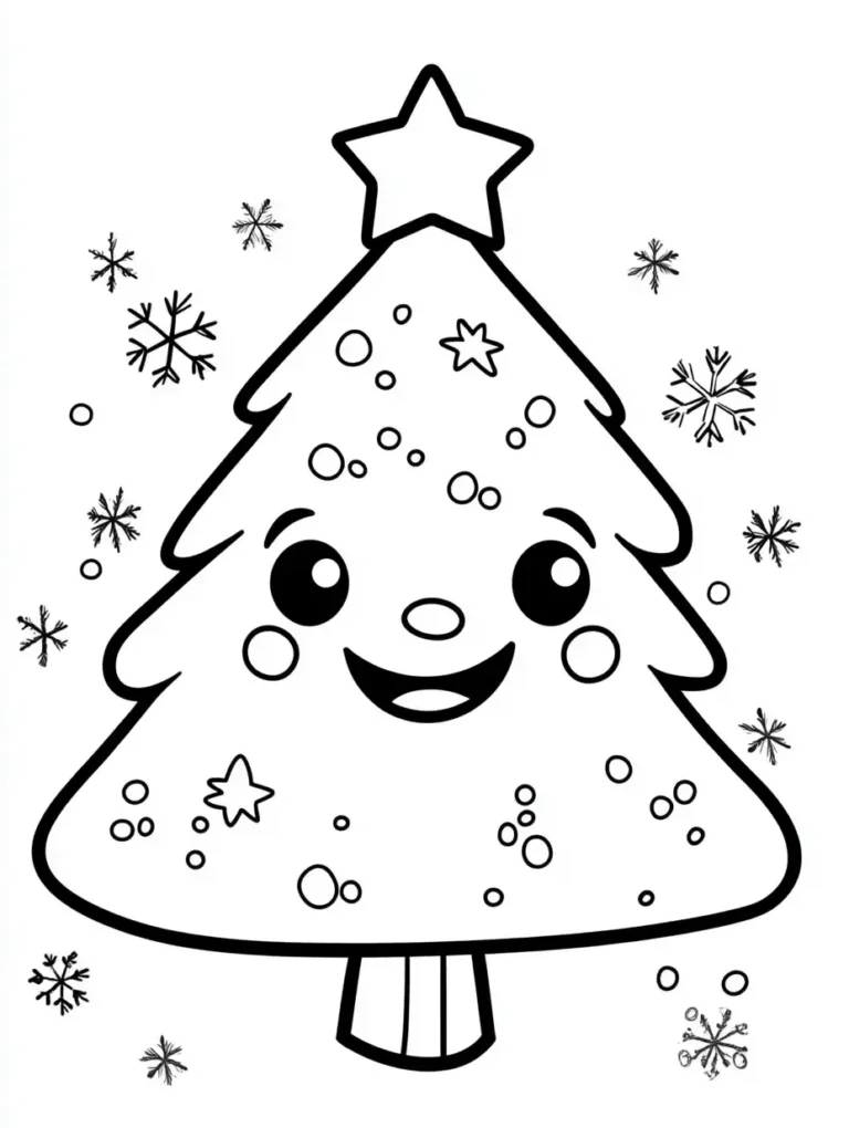 Kleurplaat van een vrolijke kerstboom met gezichtje ster in de top en versieringen omringd door sneeuwvlokken