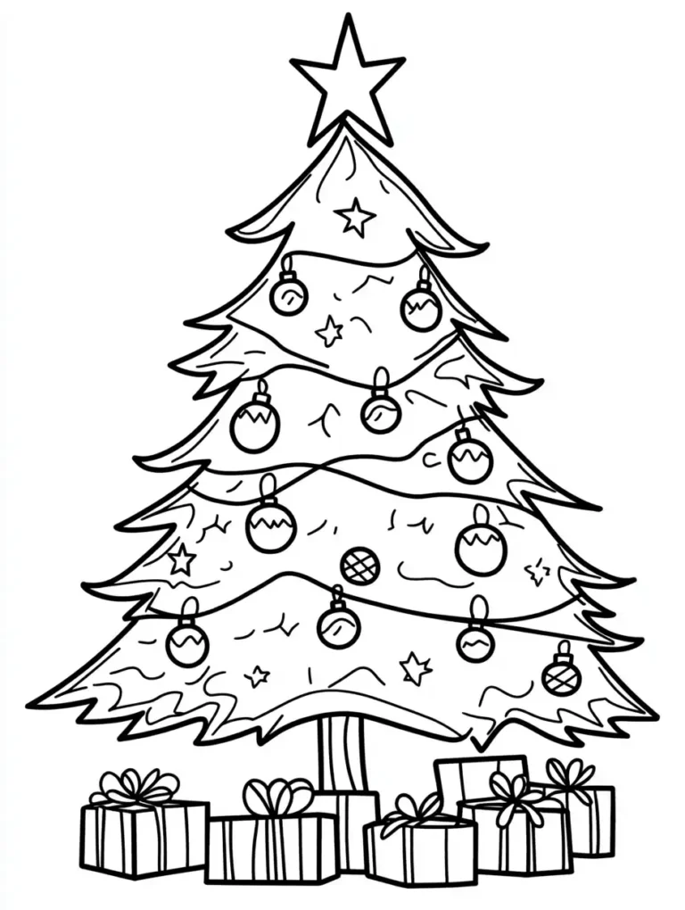 Een grote versierde kerstboom met ster kerstballen lichtjes en cadeaus eronder