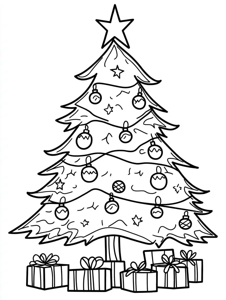 Een grote versierde kerstboom met ster kerstballen lichtjes en cadeaus eronder