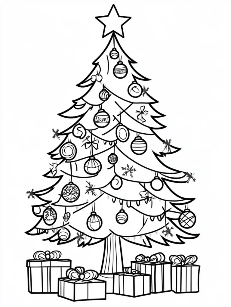 Kleurplaat van een rijk versierde kerstboom met ster verschillende kerstballen en cadeaus eronder
