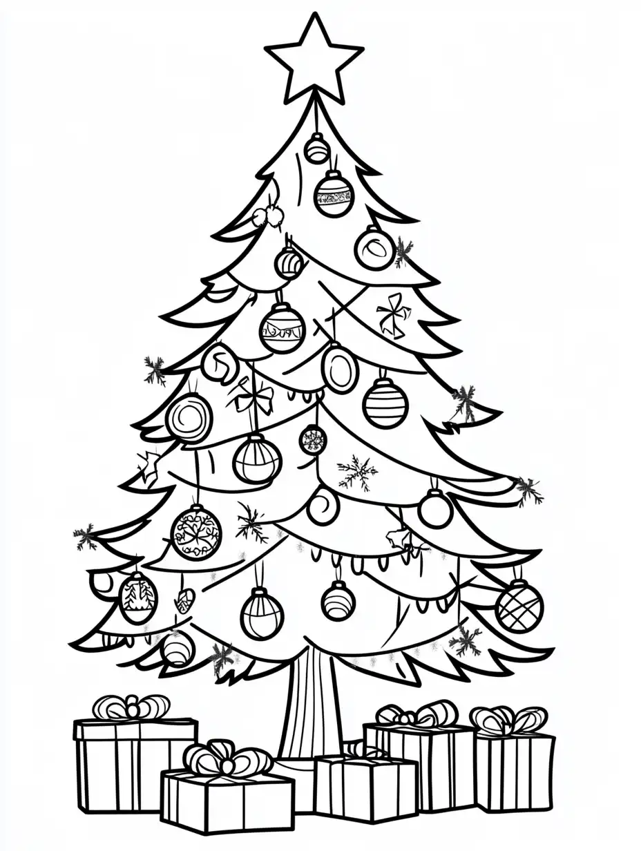 Kleurplaat van een rijk versierde kerstboom met ster verschillende kerstballen en cadeaus eronder
