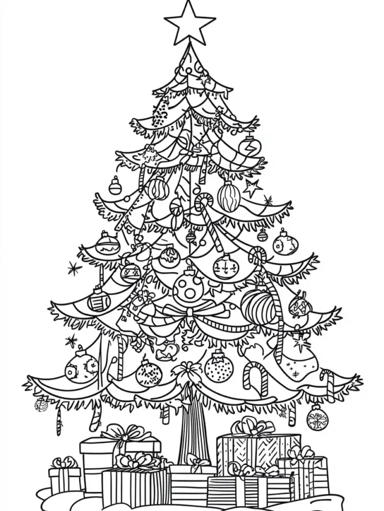 Kleurplaat van een uitgebreid versierde kerstboom met ster kerstballen slingers zuurstokken en veel cadeaus eronder