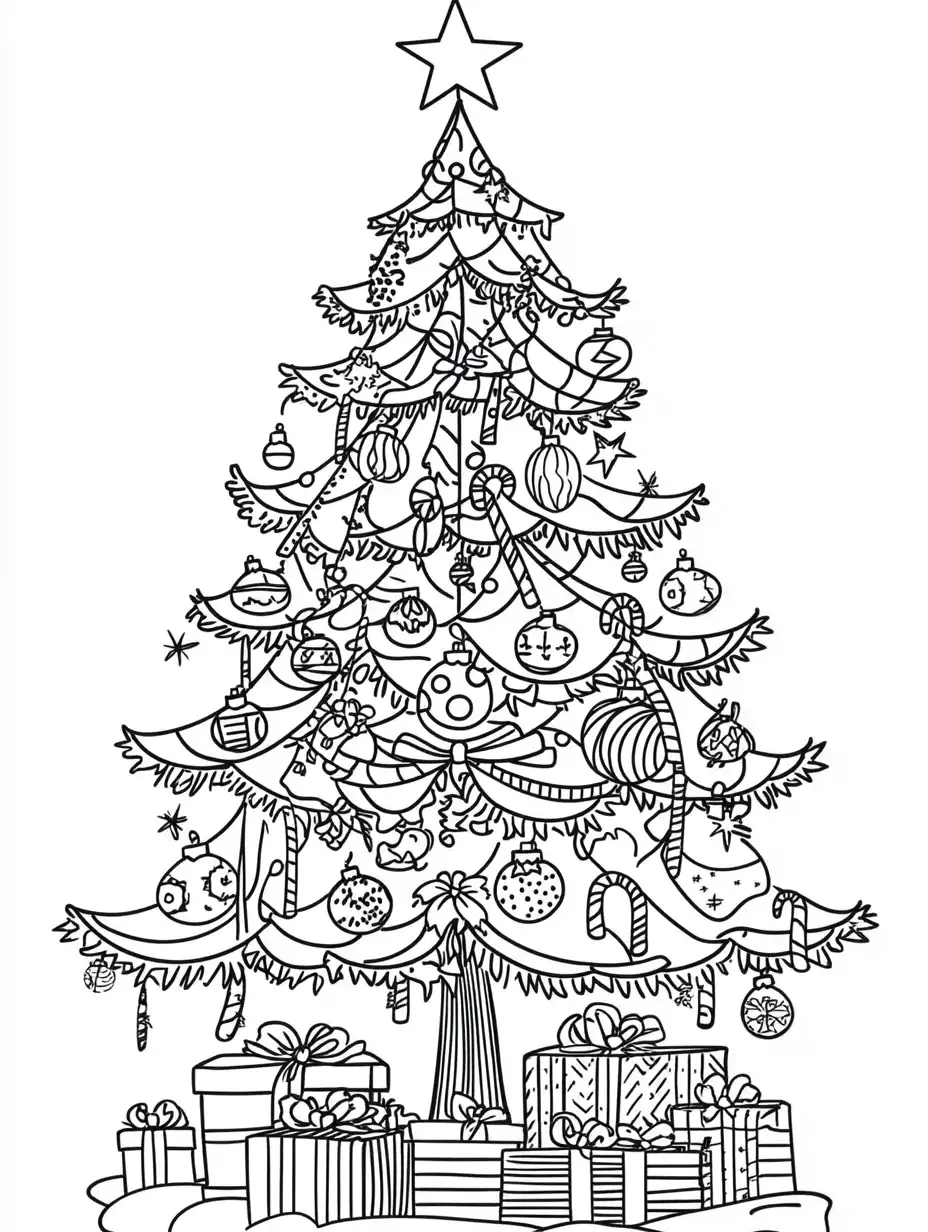 Kleurplaat van een uitgebreid versierde kerstboom met ster kerstballen slingers zuurstokken en veel cadeaus eronder
