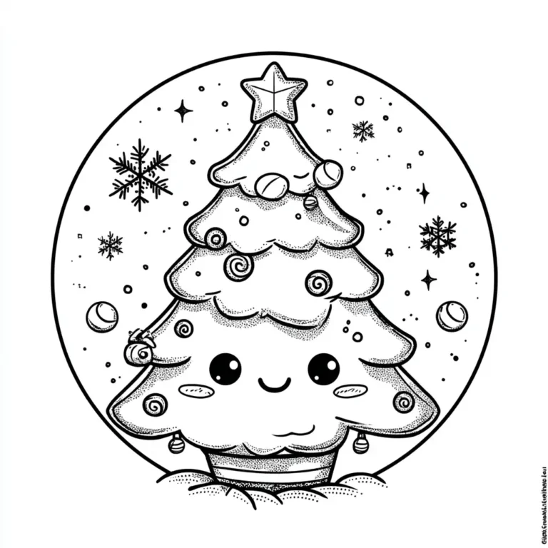 Kleurplaat van een schattige kerstboom met gezichtje in een sneeuwbol met ster kerstballen en sneeuwvlokken