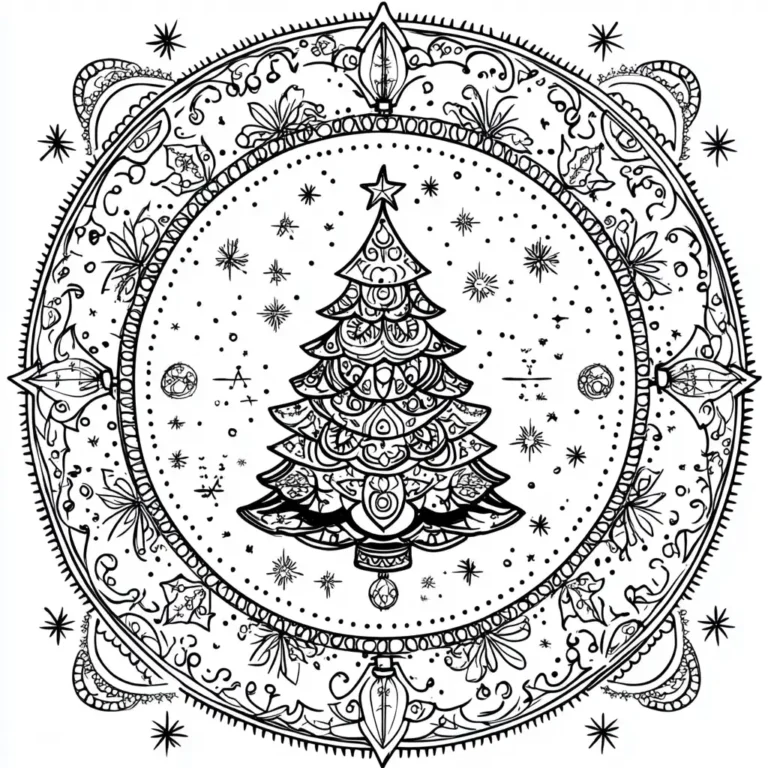 Kleurplaat van een mandala met kerstboom in het midden omringd door sterren hulst en sierlijke randen