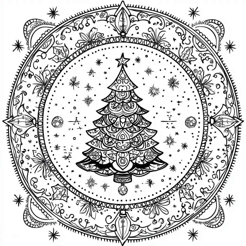 Kleurplaat van een mandala met kerstboom in het midden omringd door sterren hulst en sierlijke randen