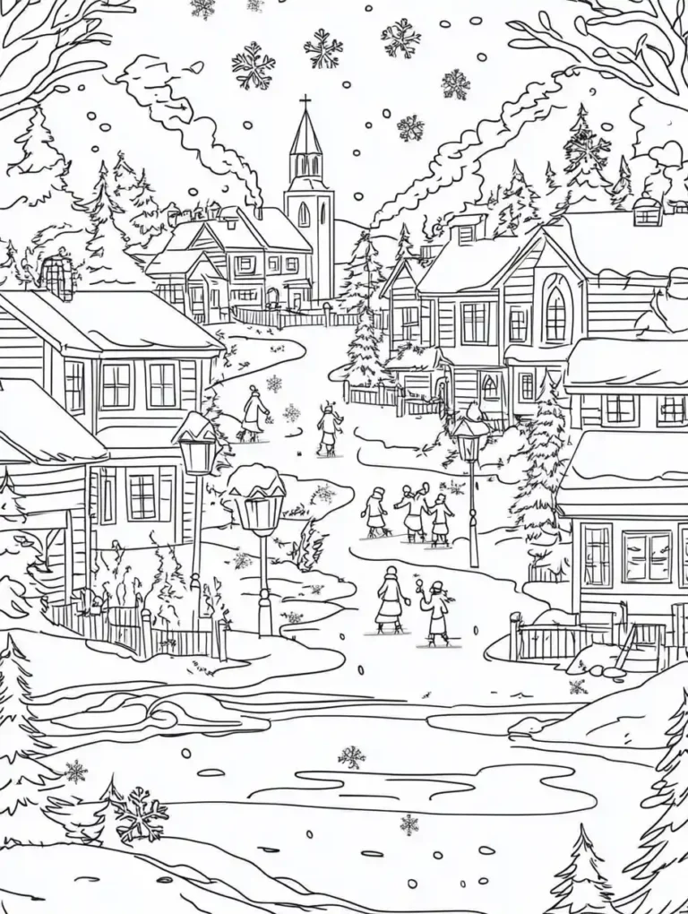 Kleurplaat van een winters dorpje met besneeuwde huizen kerkje schaatsende mensen en rokende schoorstenen