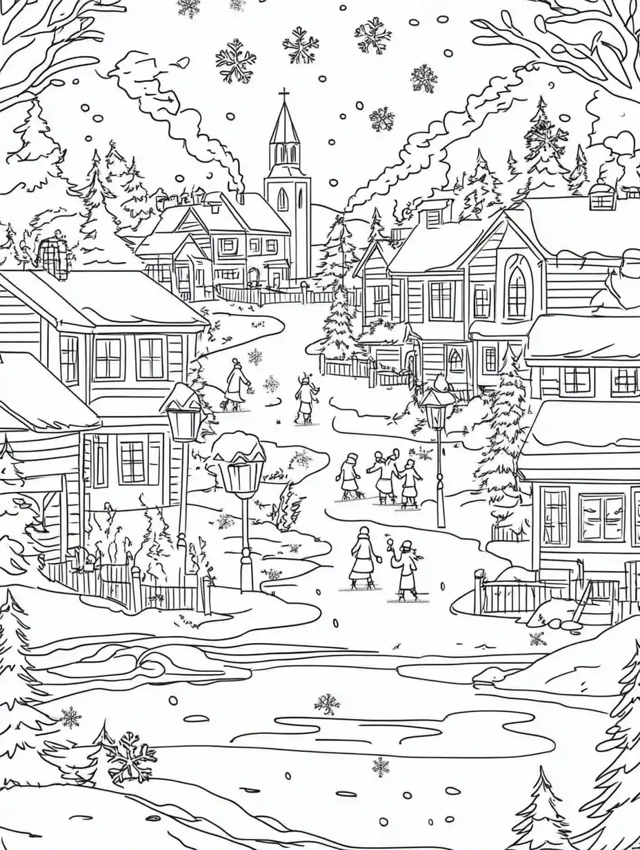 Kleurplaat van een winters dorpje met besneeuwde huizen kerkje schaatsende mensen en rokende schoorstenen