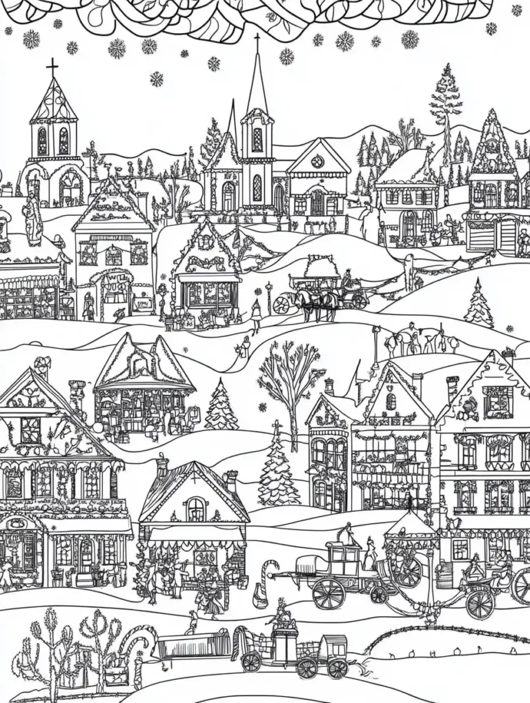 Kleurplaat van een druk kerstdorp met kerkjes winkels paardenkoetsen en versierde huizen in een heuvelig winterlandschap