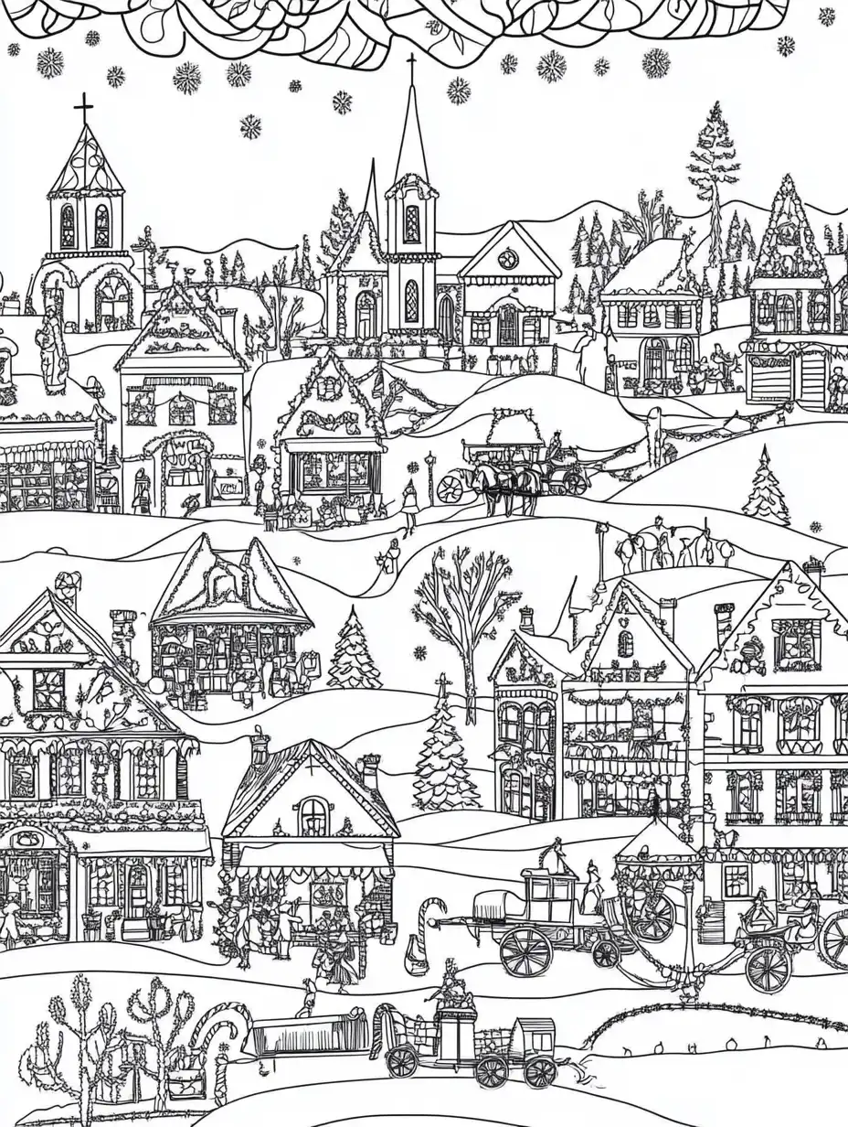 Kleurplaat van een druk kerstdorp met kerkjes winkels paardenkoetsen en versierde huizen in een heuvelig winterlandschap