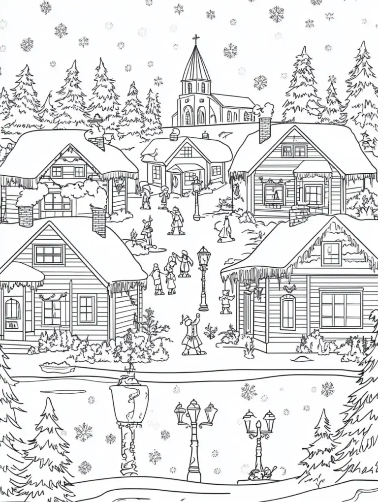 Kleurplaat van een besneeuwd kerstdorp met houten huisjes kerkje dennenbomen lantaarns en dorpelingen in de sneeuw