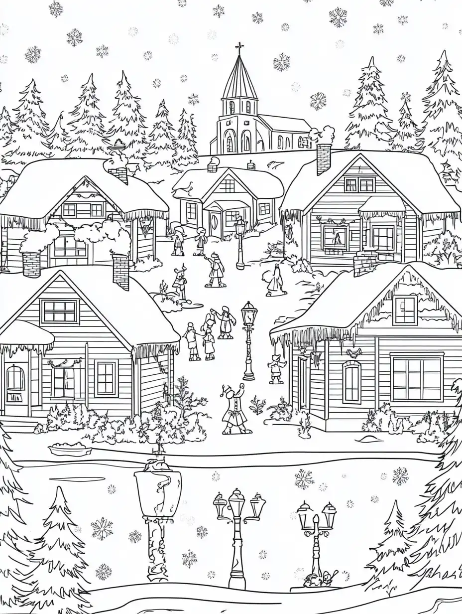 Kleurplaat van een besneeuwd kerstdorp met houten huisjes kerkje dennenbomen lantaarns en dorpelingen in de sneeuw