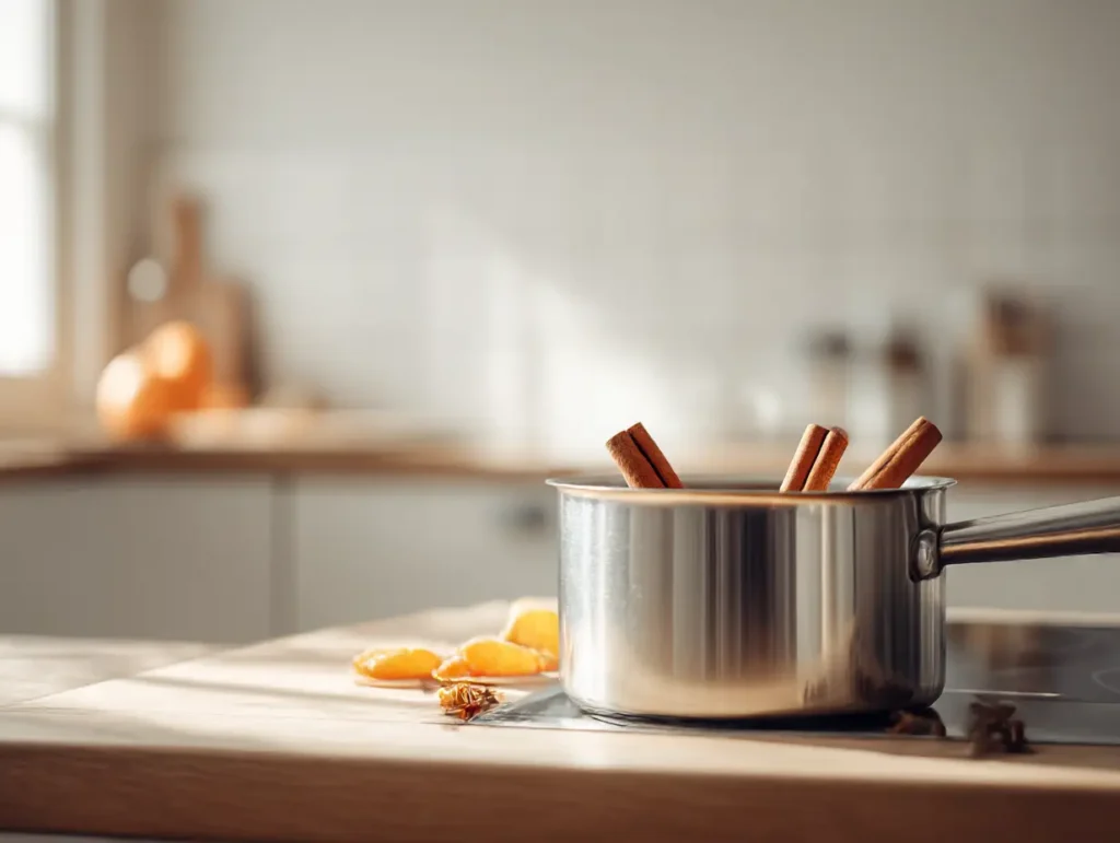 Kleine keuken in ochtendlicht met een pannetje water met kaneel en sinaasappelschil op een rustig fornuis