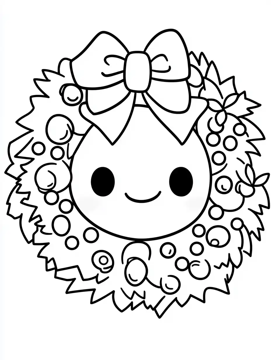 Kleurplaat van een schattige kerstkrans met gezichtje bessen hulstblaadjes en een grote strik