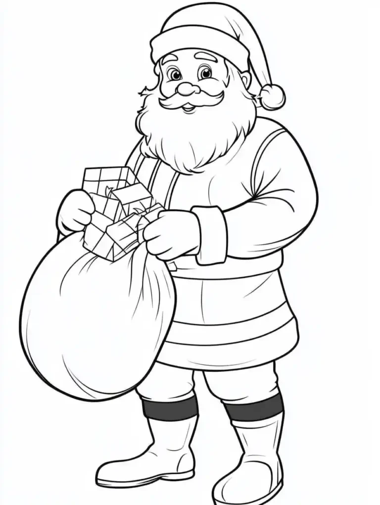 Kleurplaat van een klassieke kerstman met lange baard muts en laarzen die een zak vol cadeaus vasthoudt