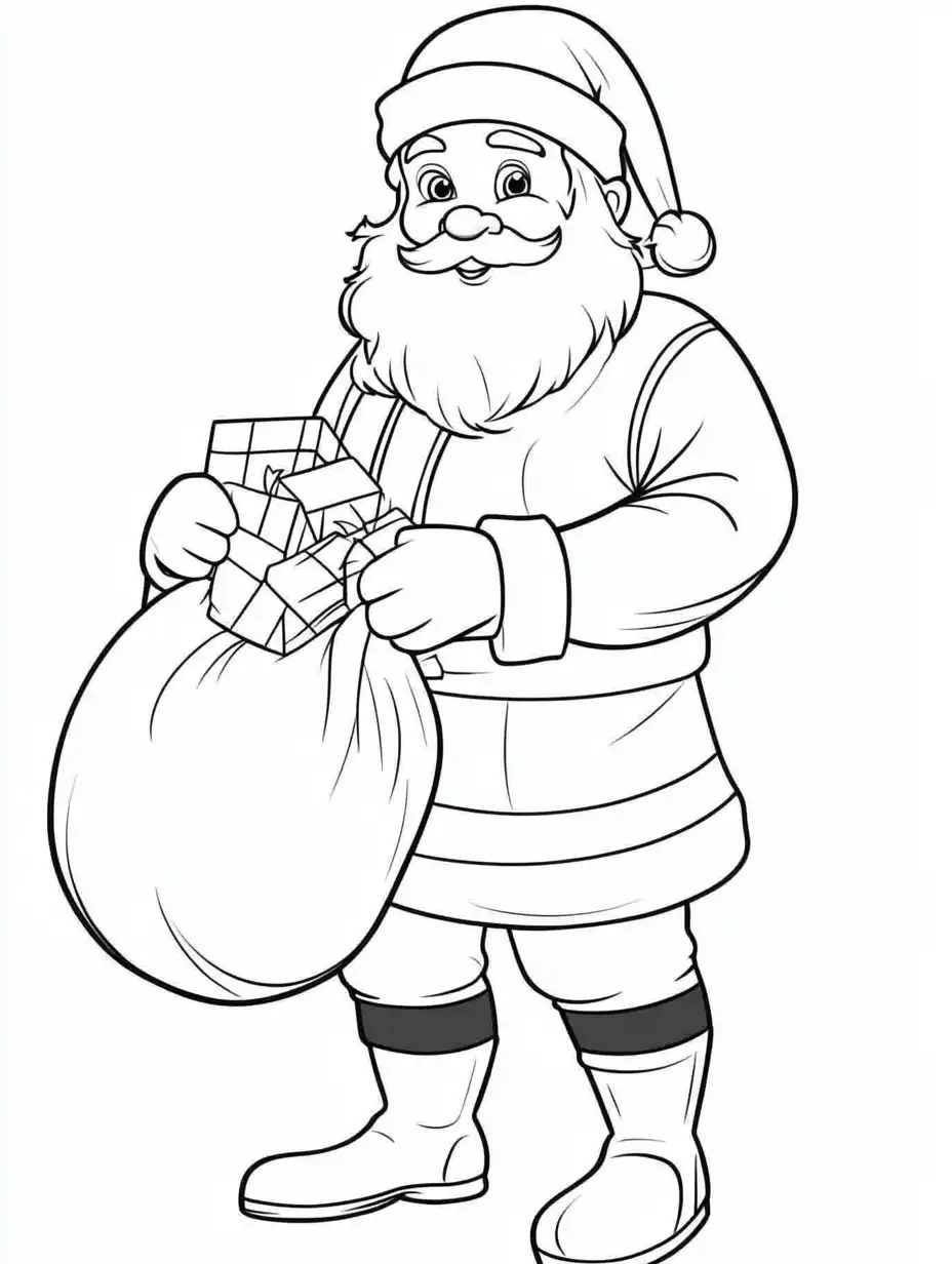 Kleurplaat van een klassieke kerstman met lange baard muts en laarzen die een zak vol cadeaus vasthoudt